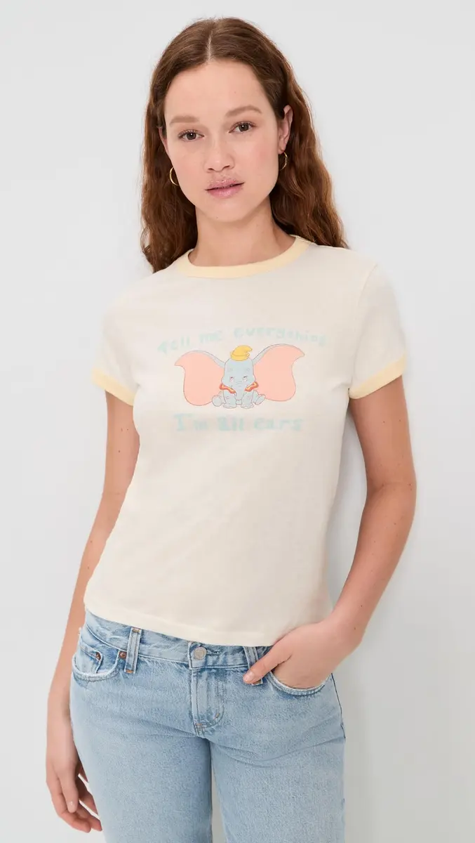 RE/DONE Womens 60s Slim Ringer TEE Dumbo, Vintage White W/SHORTBREAD, XX-Large | Crew Neck, 70% Cotton, Regular Fit - view 2