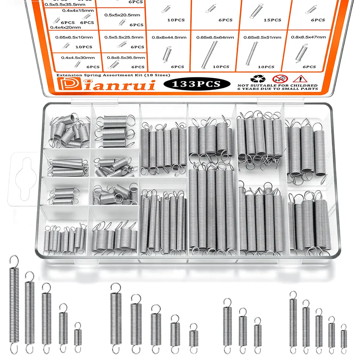 Dianrui 133-Piece Extension Spring Assortment Kit with Storage Box | 18 Sizes, Zinc Plated Steel - main product image