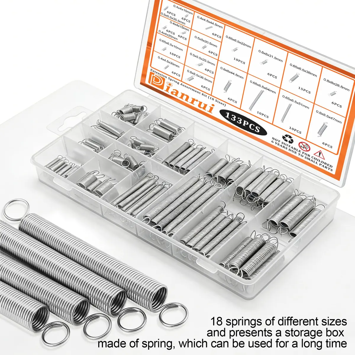 Dianrui 133-Piece Extension Spring Assortment Kit with Storage Box | 18 Sizes, Zinc Plated Steel - view 4