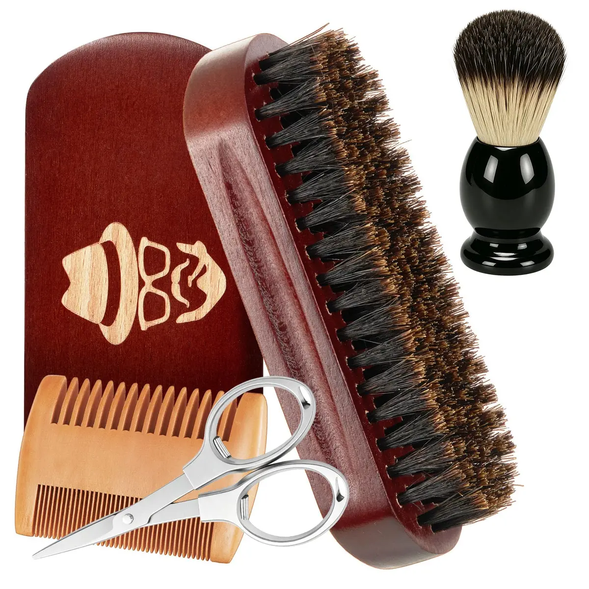 Sosoon Beard Brush, Shaving Brush, Beard Comb, Beard Scissors Set | 100% Boar Bristle Walnut Wood Grooming Kit - main product image