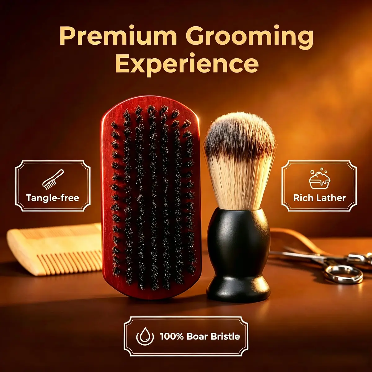 Sosoon Beard Brush, Shaving Brush, Beard Comb, Beard Scissors Set | 100% Boar Bristle Walnut Wood Grooming Kit - view 3