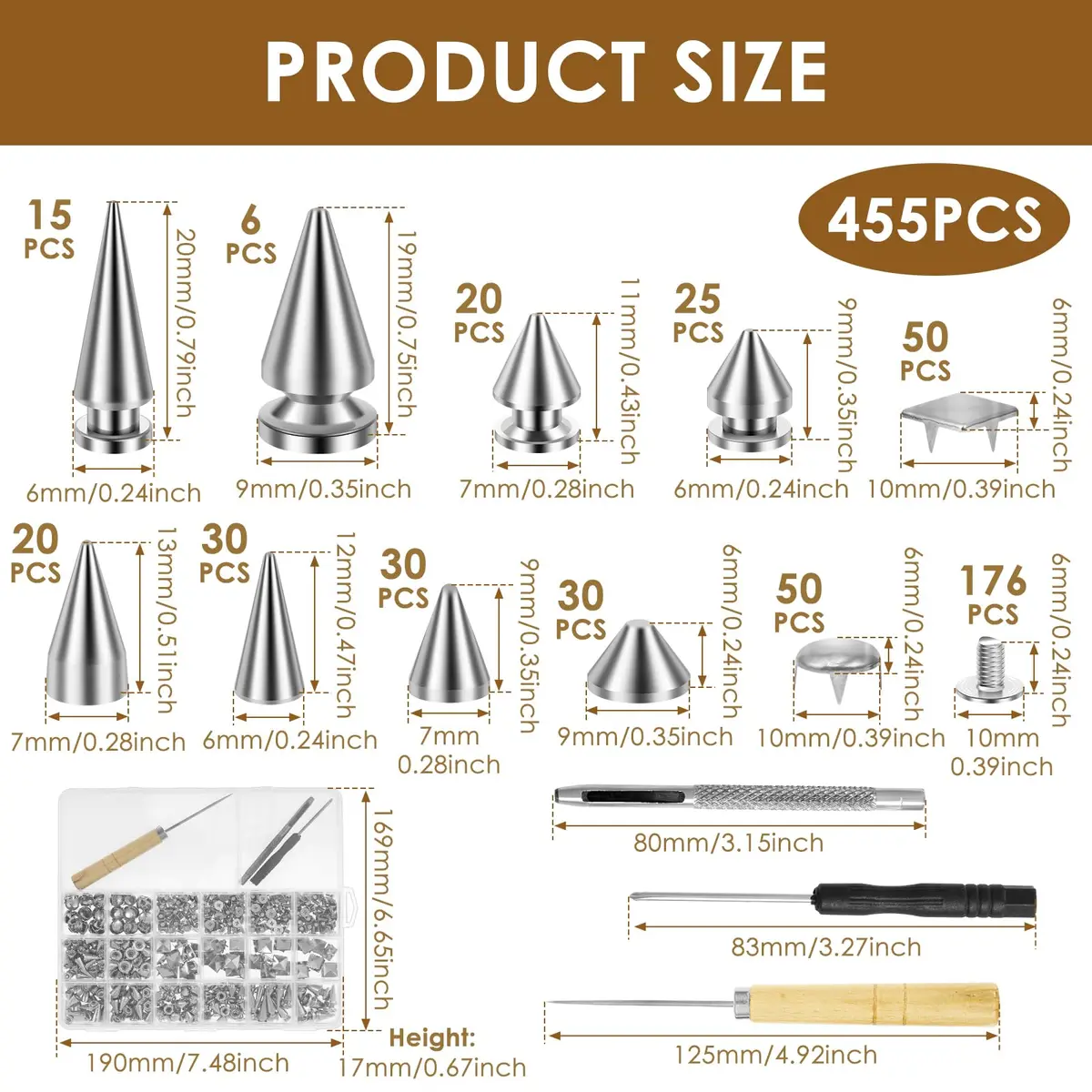 OWTWCNL Punk Spikes and Studs Kit 455Pcs | Metal Leathercraft Rivets for Jackets, Shoes, Wallets - view 2