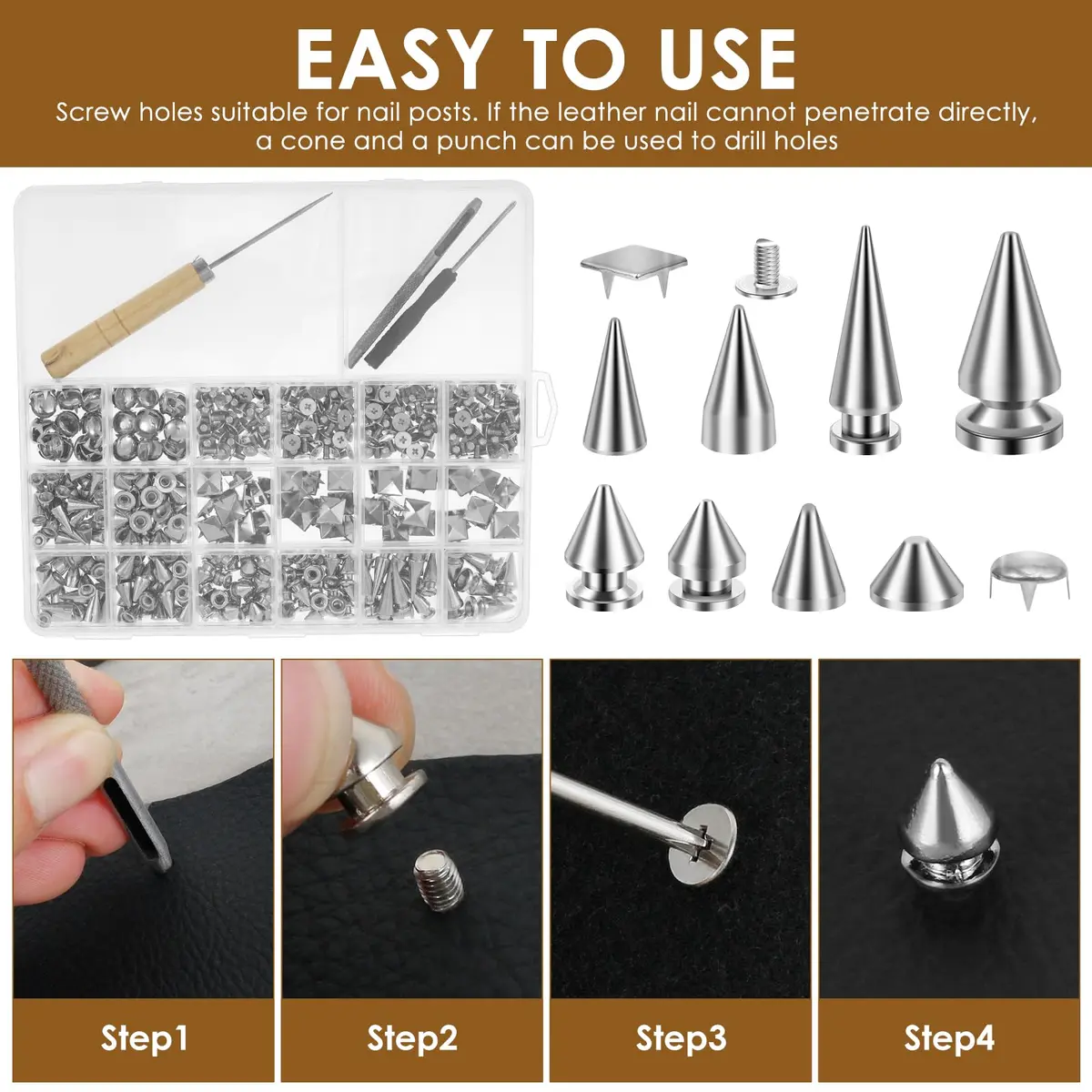 OWTWCNL Punk Spikes and Studs Kit 455Pcs | Metal Leathercraft Rivets for Jackets, Shoes, Wallets - view 3