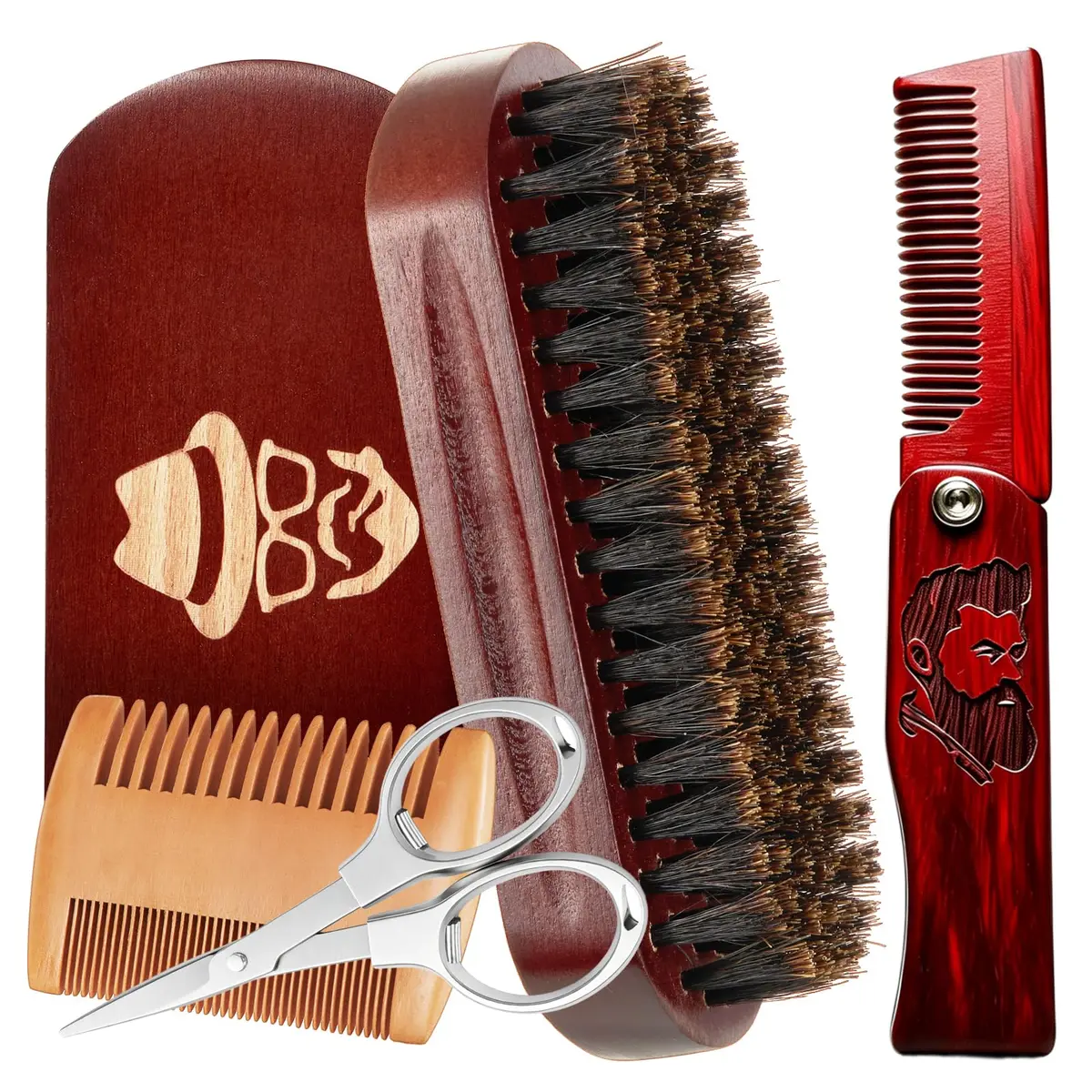 Sosoon Beard Brush Set for Men with 100% Boar Bristle Walnut Wood Brush, Foldable Comb & Scissors - main product image