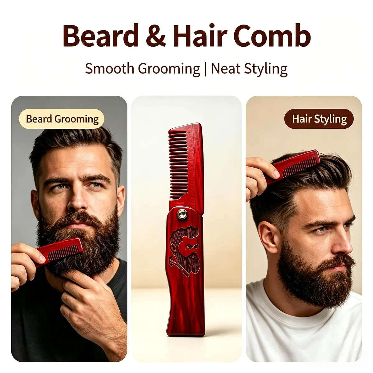 Sosoon Beard Brush Set for Men with 100% Boar Bristle Walnut Wood Brush, Foldable Comb & Scissors - view 5