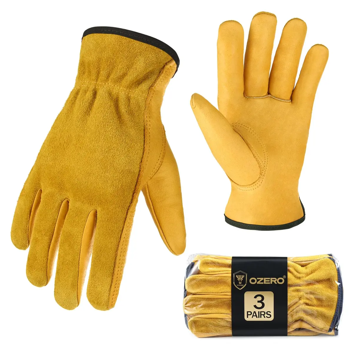 OZERO Cowhide Leather Work Gloves, 3 Pairs, Gold, L | EN388 Level 4 Tear Resistance - view 9