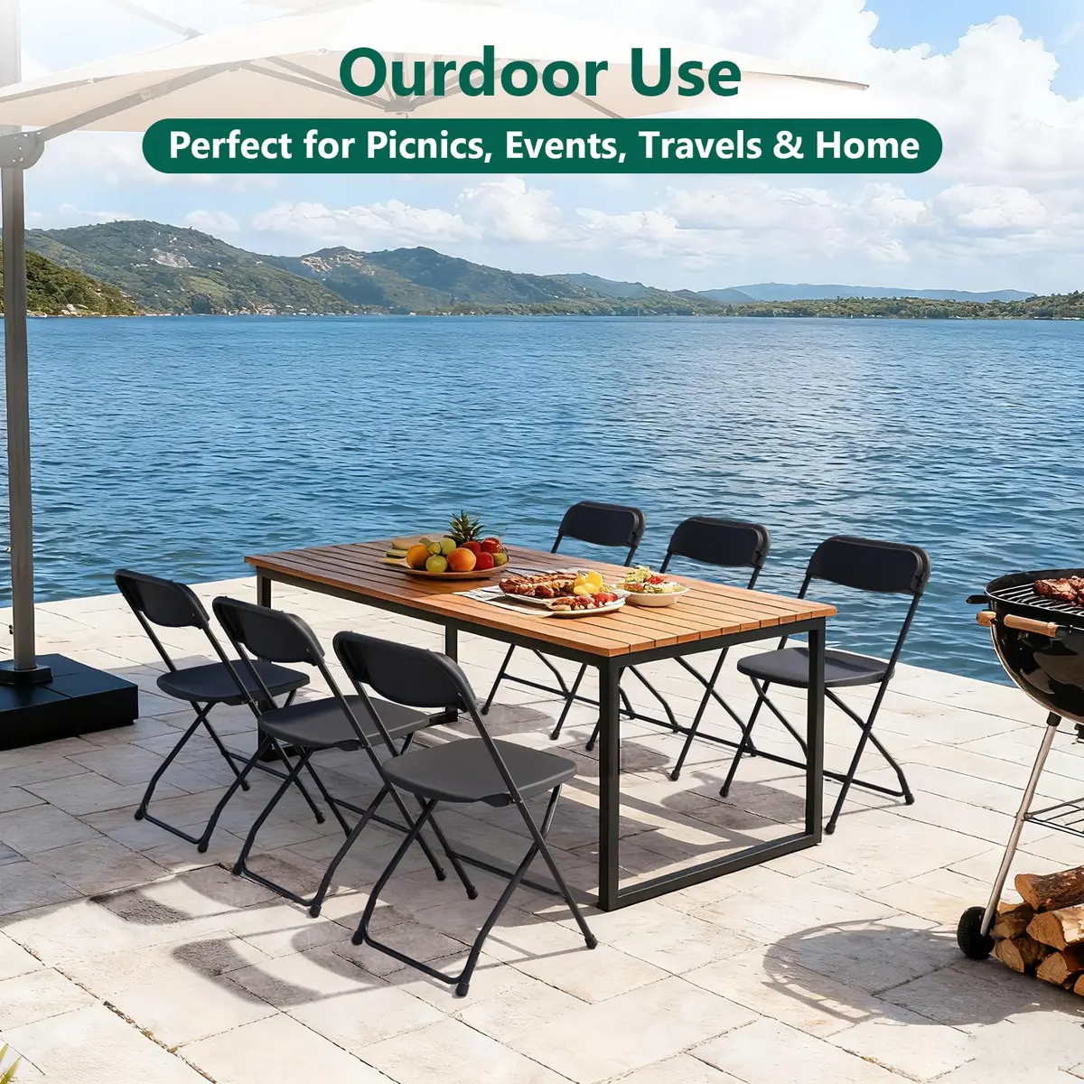 FurniEdge 2 Pack Black Plastic Folding Chairs | Portable Outdoor Steel Frame Support 350lbs - view 6