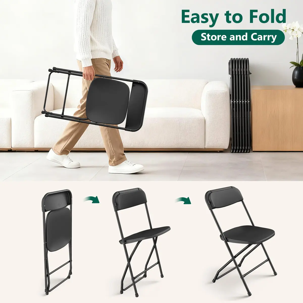 FurniEdge 2 Pack Black Plastic Folding Chairs | Portable Outdoor Steel Frame Support 350lbs - view 9