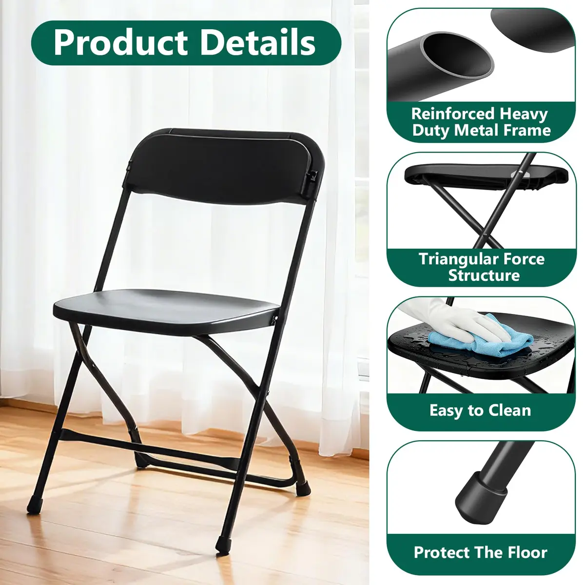 FurniEdge 4 Pack Black Plastic Folding Chairs | Outdoor Portable Steel Frame, 350lbs Support, Stackable for Patio & Events - view 5