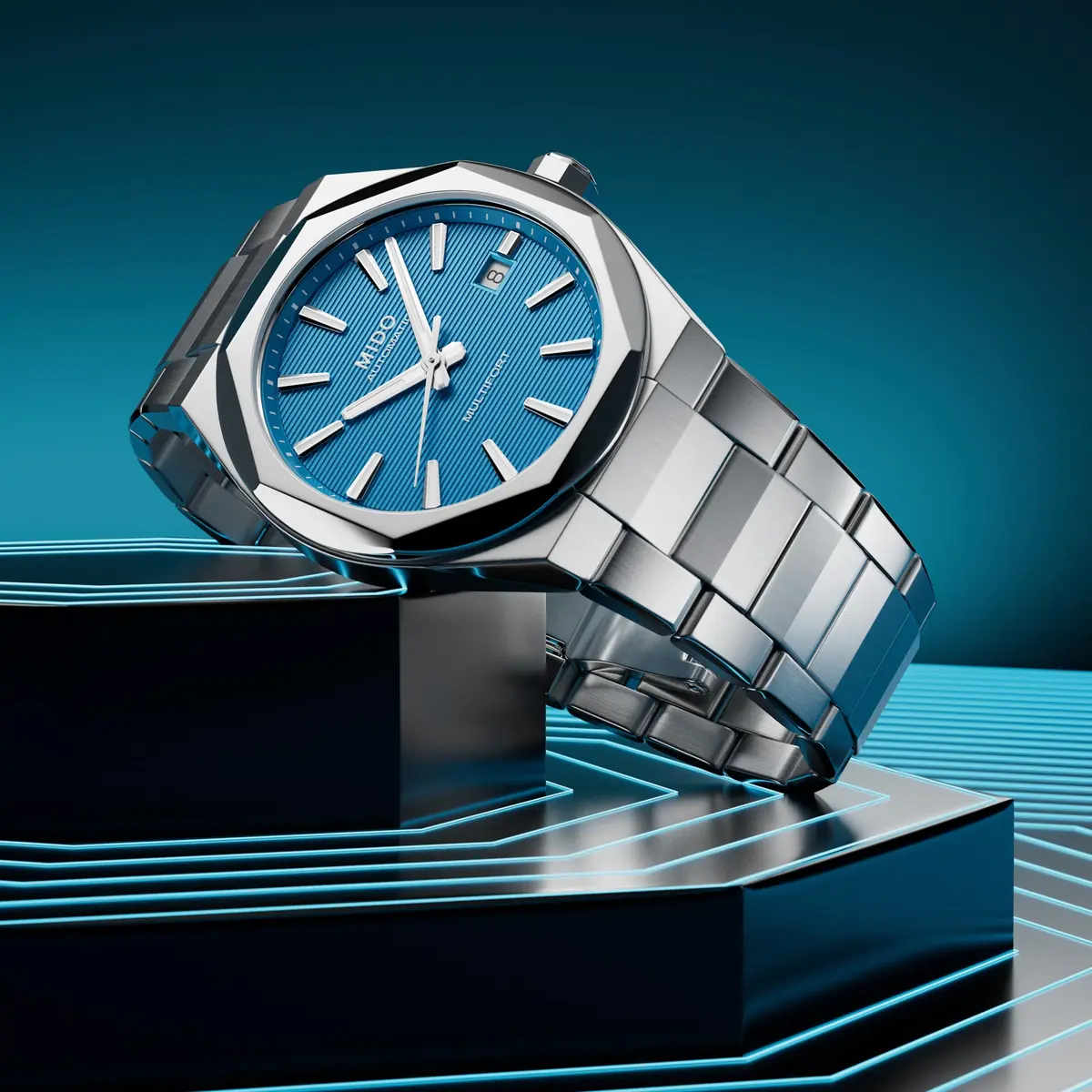 MIDO Multifort 8 One Crown Swiss Automatic Watch for Men 40mm Stainless Steel Case Turquoise Dial - view 5