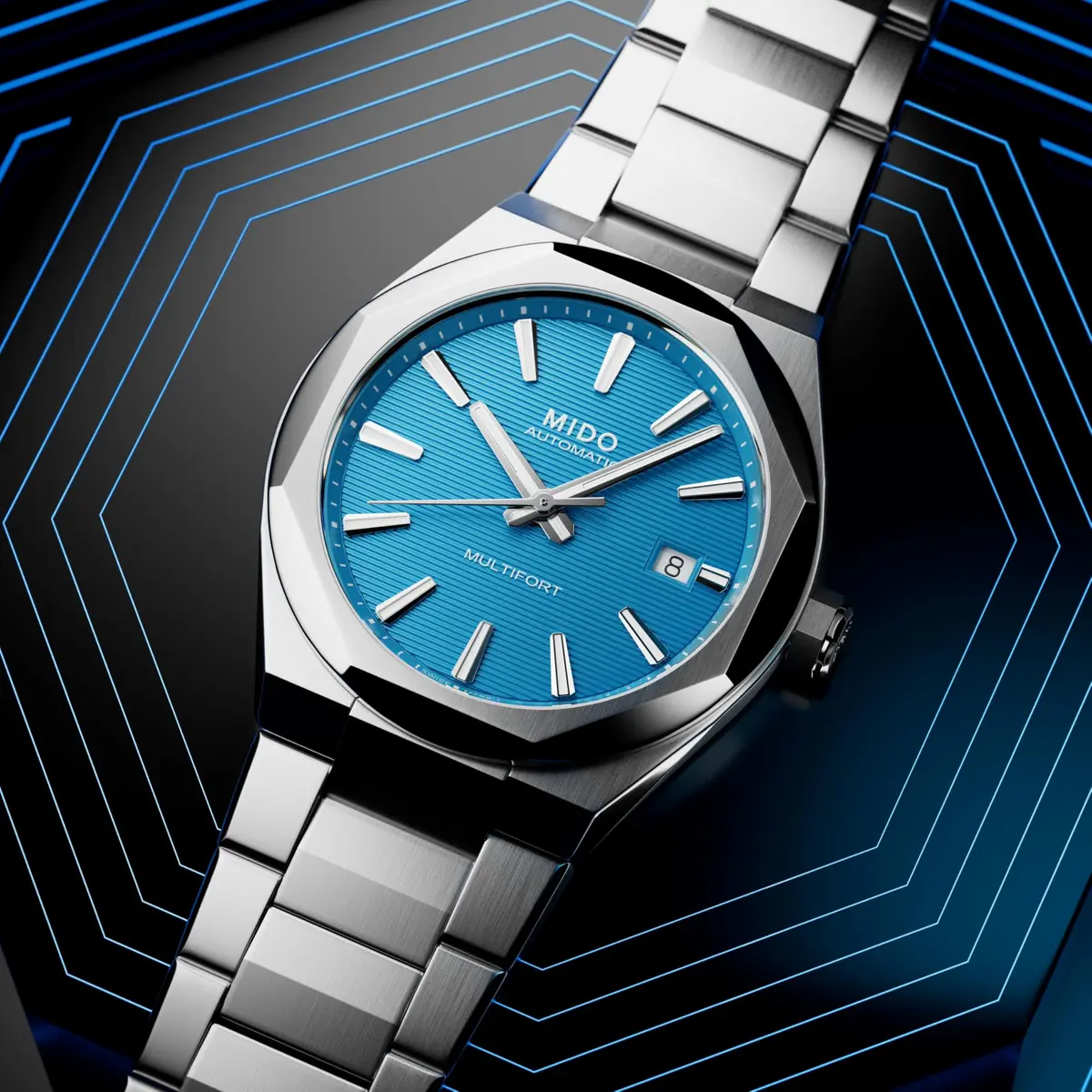 MIDO Multifort 8 One Crown Swiss Automatic Watch for Men 40mm Stainless Steel Case Turquoise Dial - view 7