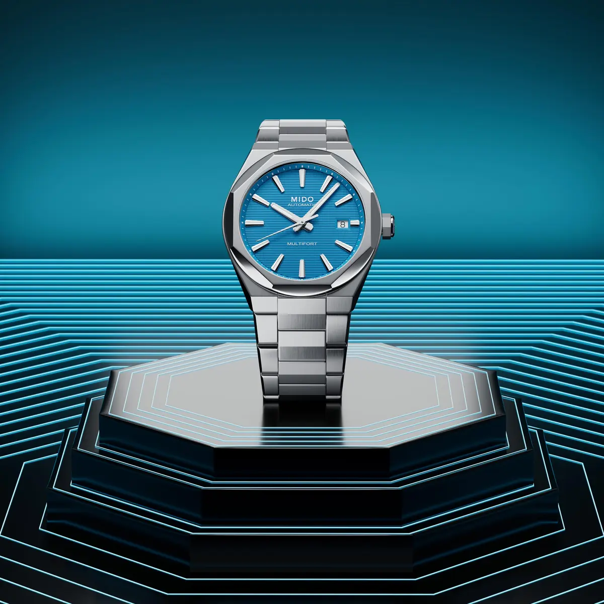 MIDO Multifort 8 One Crown Swiss Automatic Watch for Men 40mm Stainless Steel Case Turquoise Dial - view 2