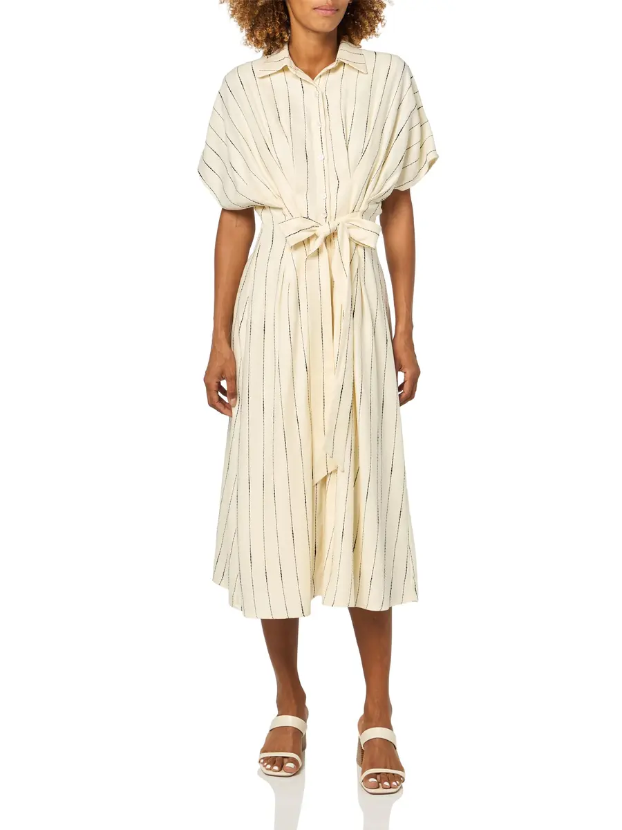 En Saison Rebekah Midi Shirt Dress, Ivory Black, M | Structured Button-Front, Short Dolman Sleeves - main product image