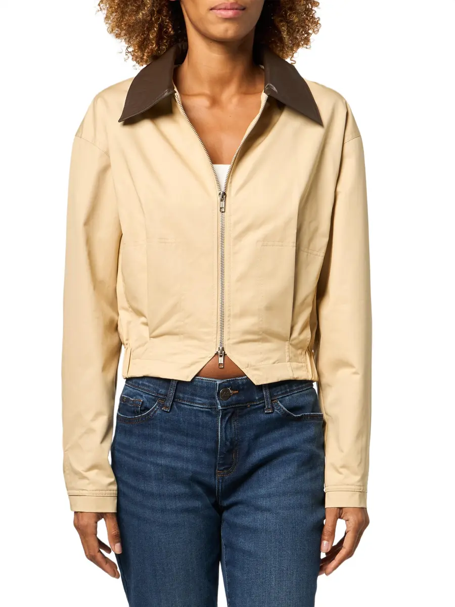 En Saison Women's Cecilla Zip Up Jacket, Khaki Brown, XS | Structured Fit with Faux Leather Collar - main product image
