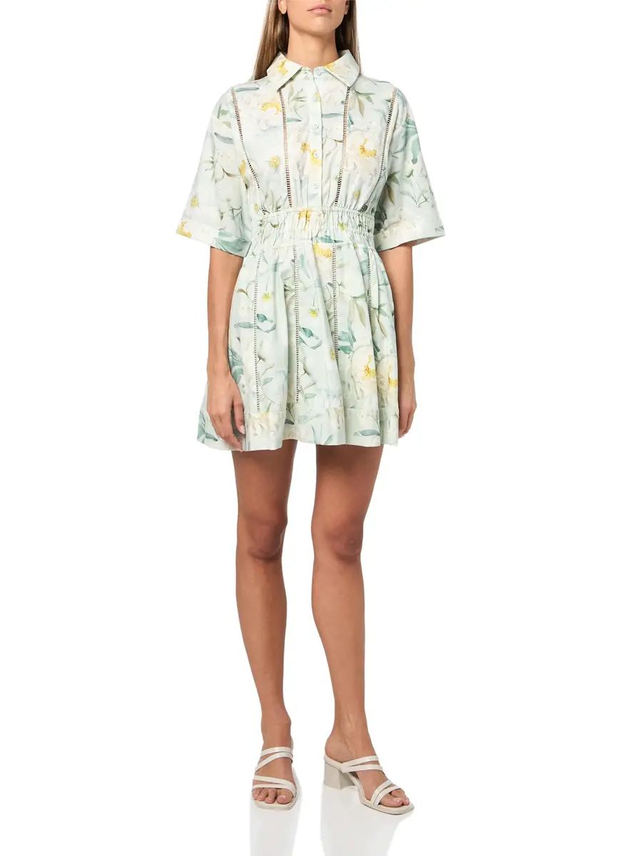 En Saison Women's Marlowe Mini Dress, Sage White Yellow | Floral Mini Dress with Elastic Waist - main product image