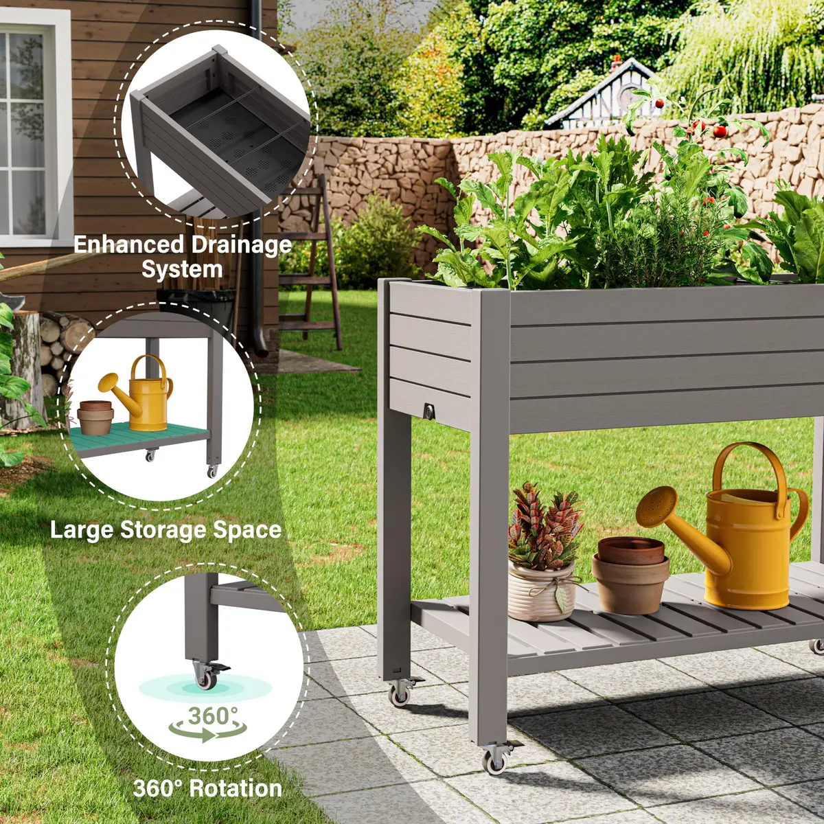 WTFGO Elevated Raised Garden Bed with Wheels, 33.7"h | Durable Resin Planter Box for Garden & Balcony - view 4