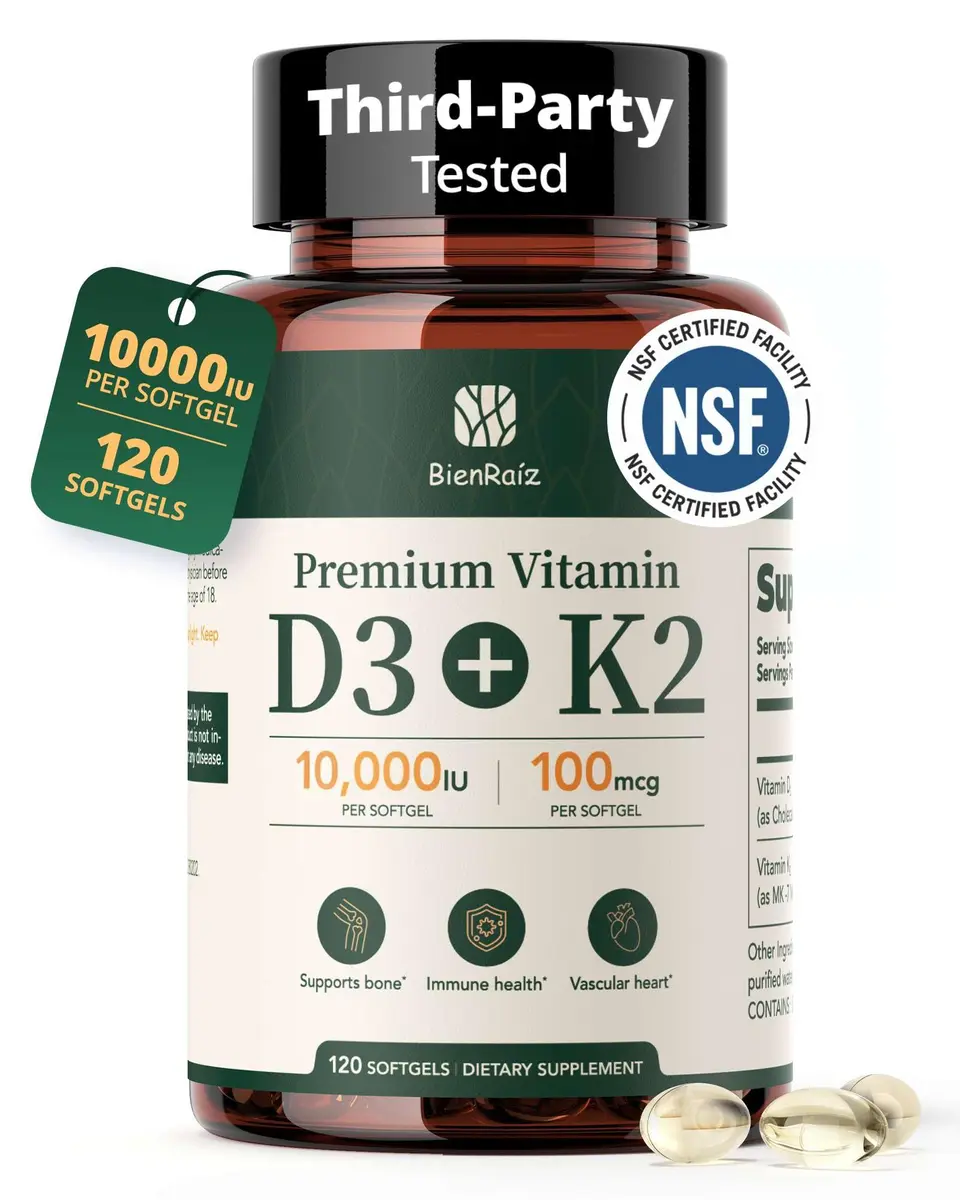 BienRaíz Vitamin D3 K2 10000IU 120 Softgels | Supports Bone & Heart Health - main product image