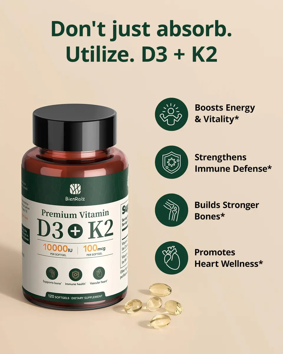 BienRaíz Vitamin D3 K2 10000IU 120 Softgels | Supports Bone & Heart Health - view 7