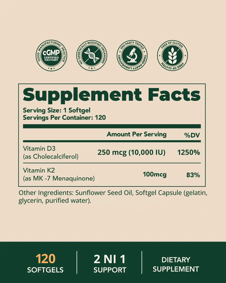BienRaíz Vitamin D3 K2 10000IU 120 Softgels | Supports Bone & Heart Health - view 9