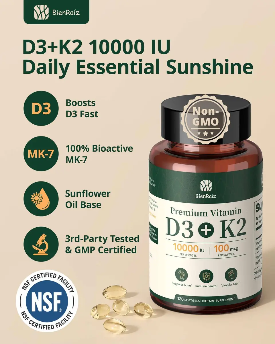 BienRaíz Vitamin D3 K2 10000IU 120 Softgels | Supports Bone & Heart Health - view 4