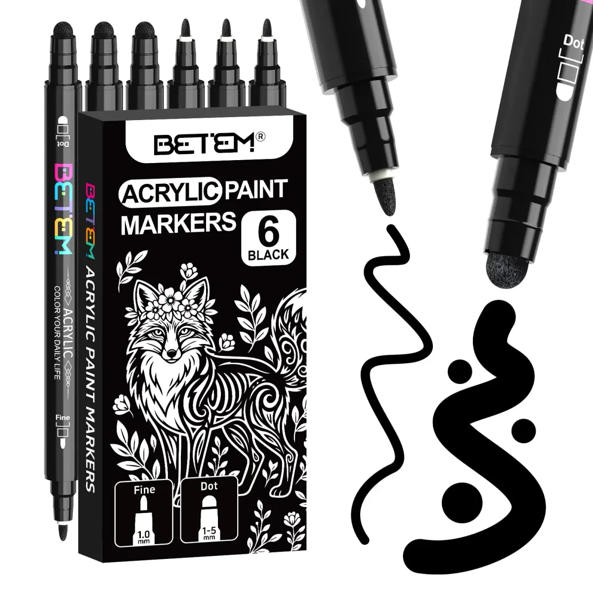 Betem Black Dual Tip Acrylic Paint Markers, 6-Count | Water-Based, Acid-Free Ink for Fabric, Wood, Glass, Canvas - main product image