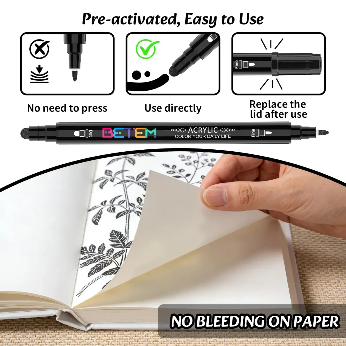 Betem Black Dual Tip Acrylic Paint Markers, 6-Count | Water-Based, Acid-Free Ink for Fabric, Wood, Glass, Canvas - view 6
