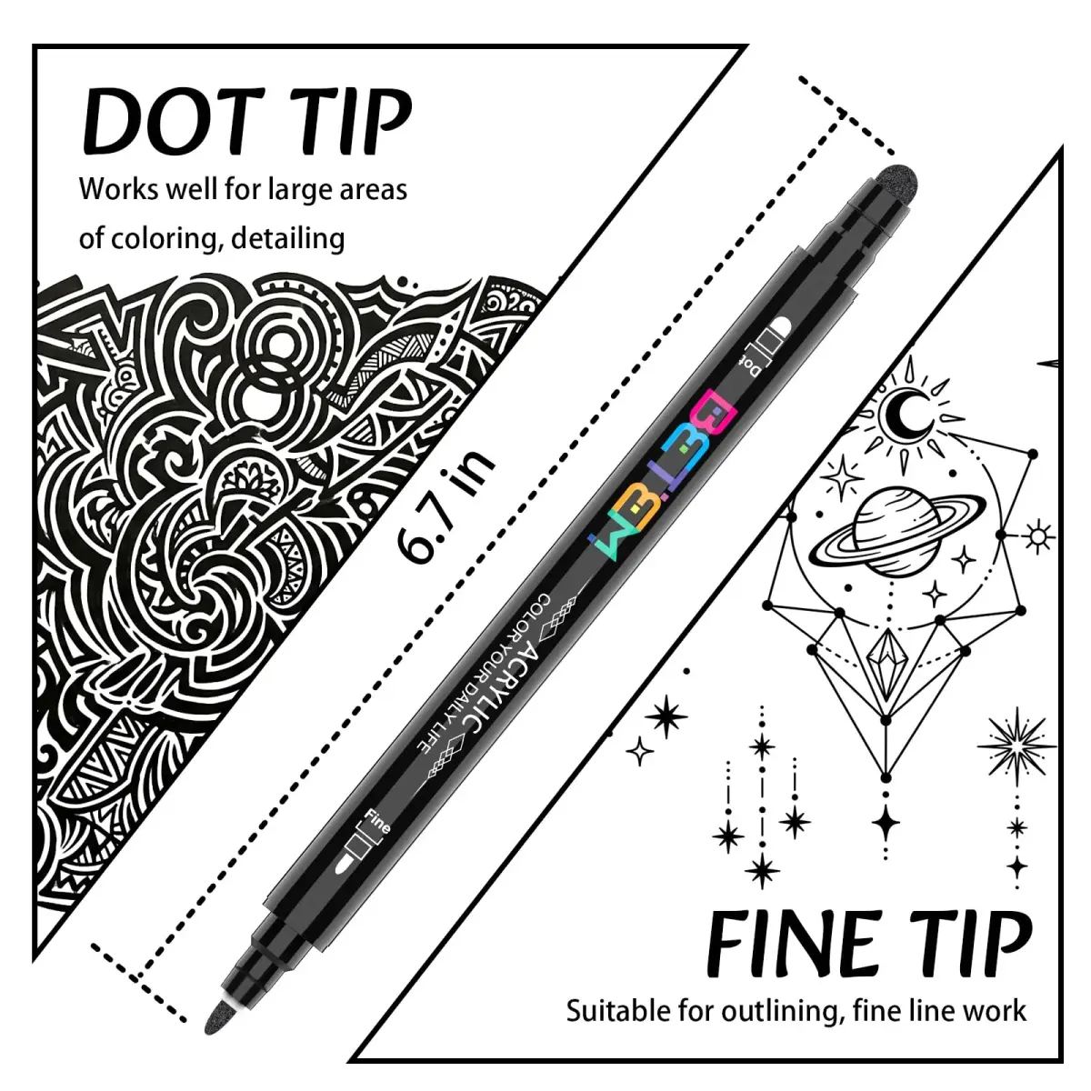 Betem Black Dual Tip Acrylic Paint Markers, 6-Count | Water-Based, Acid-Free Ink for Fabric, Wood, Glass, Canvas - view 2