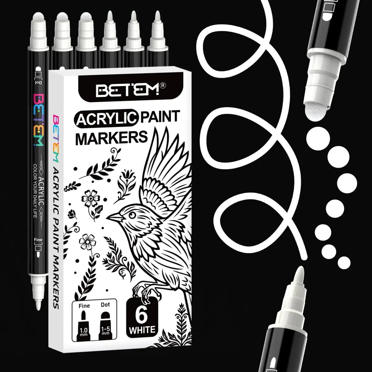 Betem White Acrylic Paint Markers Dual Tip Fabric Decorating Kits 6 Count | Water-Based Opaque Ink for Crafts - main product image