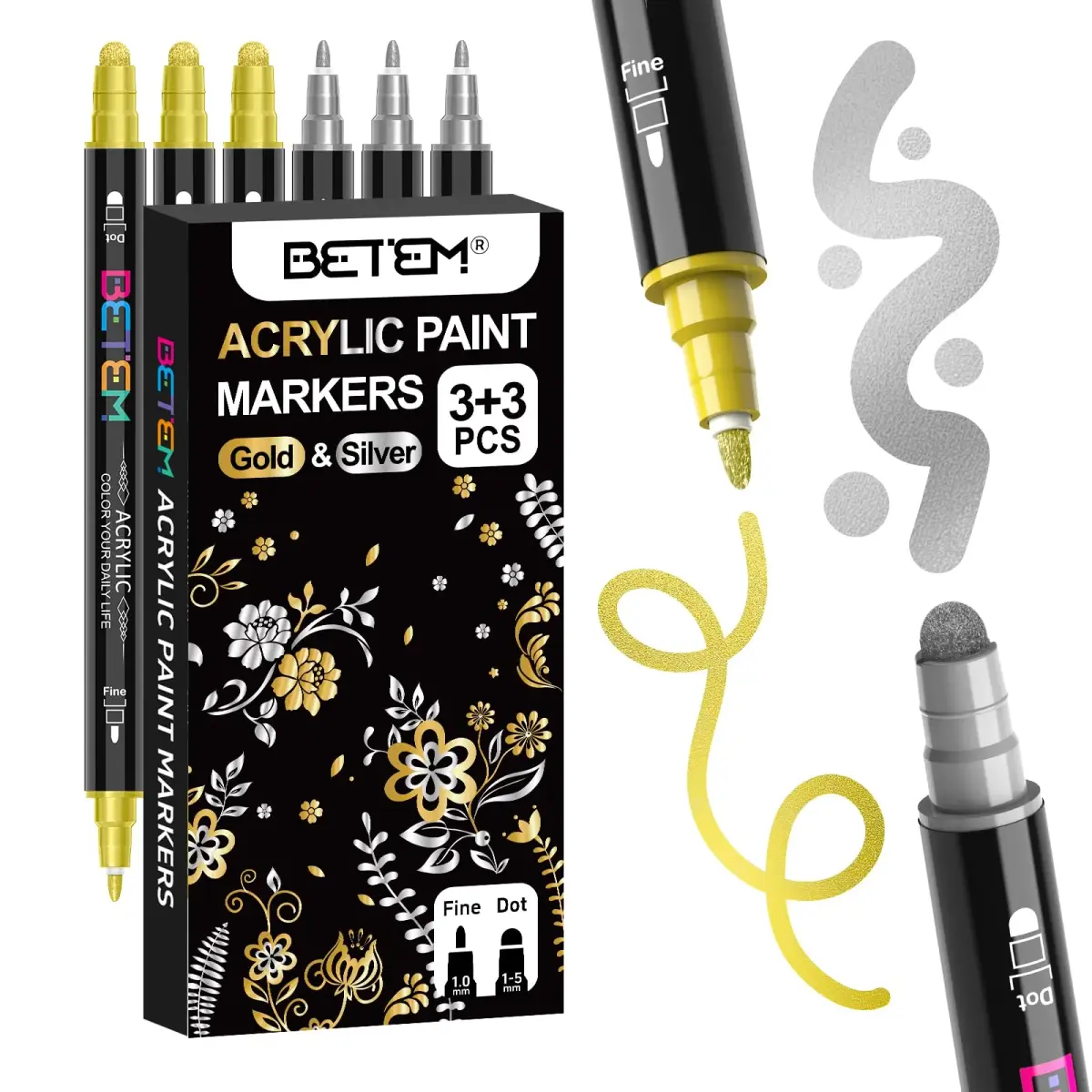 Betem Dual Tip Acrylic Paint Markers 6-Pack (Gold & Silver) | Metallic Ink for Fabric, Rock, Glass, Canvas - main product image