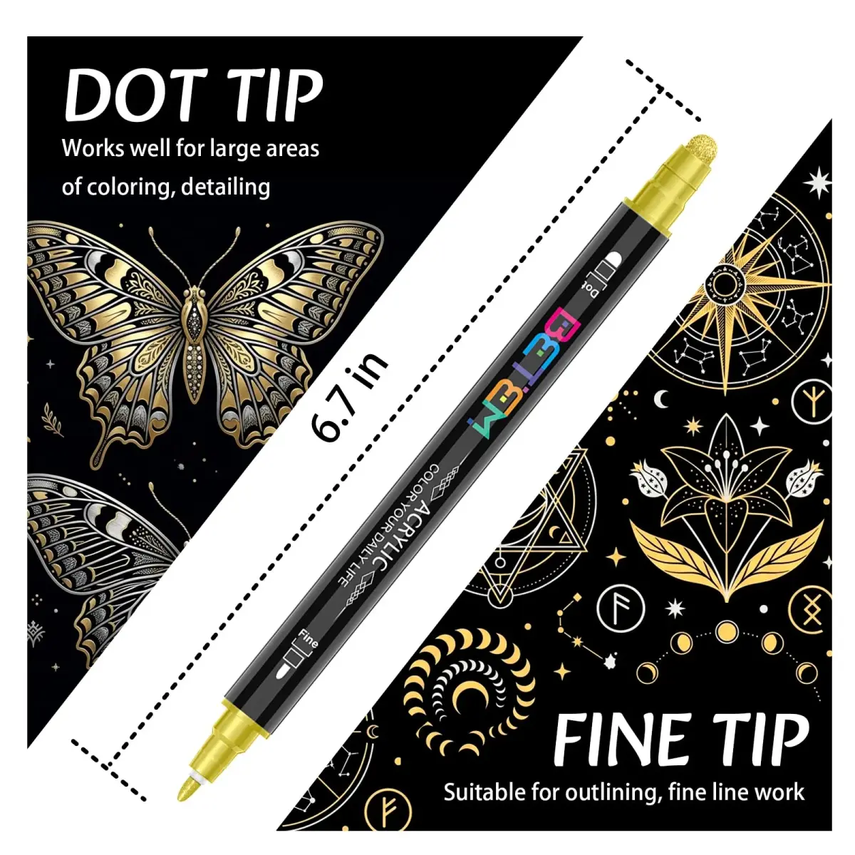 Betem Dual Tip Acrylic Paint Markers 6-Pack (Gold & Silver) | Metallic Ink for Fabric, Rock, Glass, Canvas - view 2