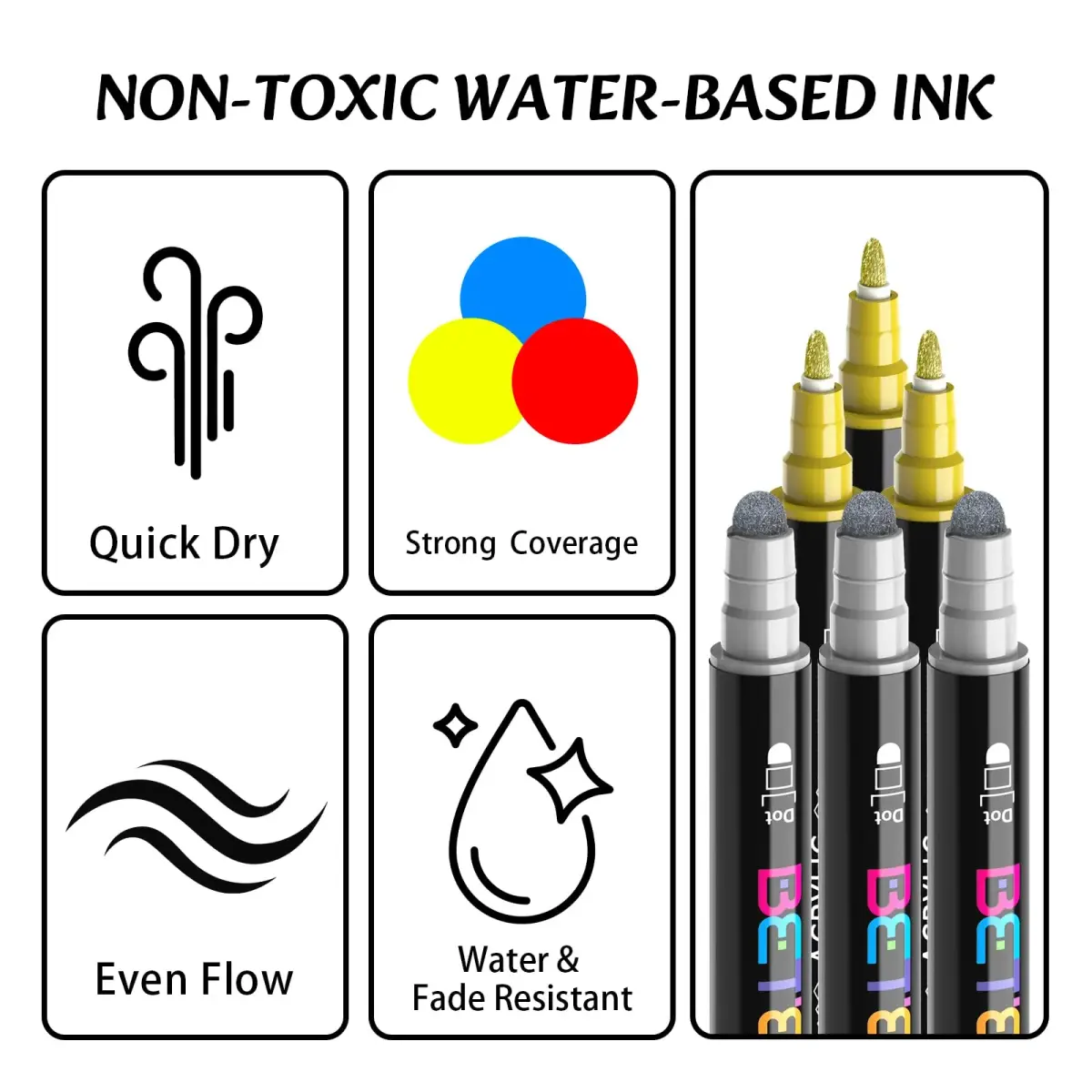 Betem Dual Tip Acrylic Paint Markers 6-Pack (Gold & Silver) | Metallic Ink for Fabric, Rock, Glass, Canvas - view 3