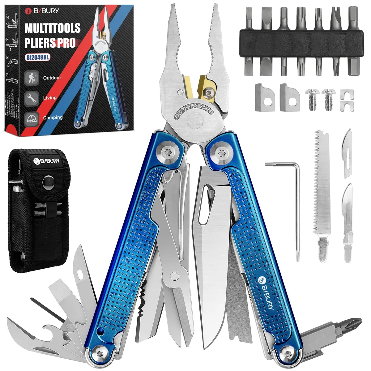 BIBURY Multitool Pliers with Blue Titanium Handle & 440A Knife | Durable & Versatile for Outdoor & DIY - main product image