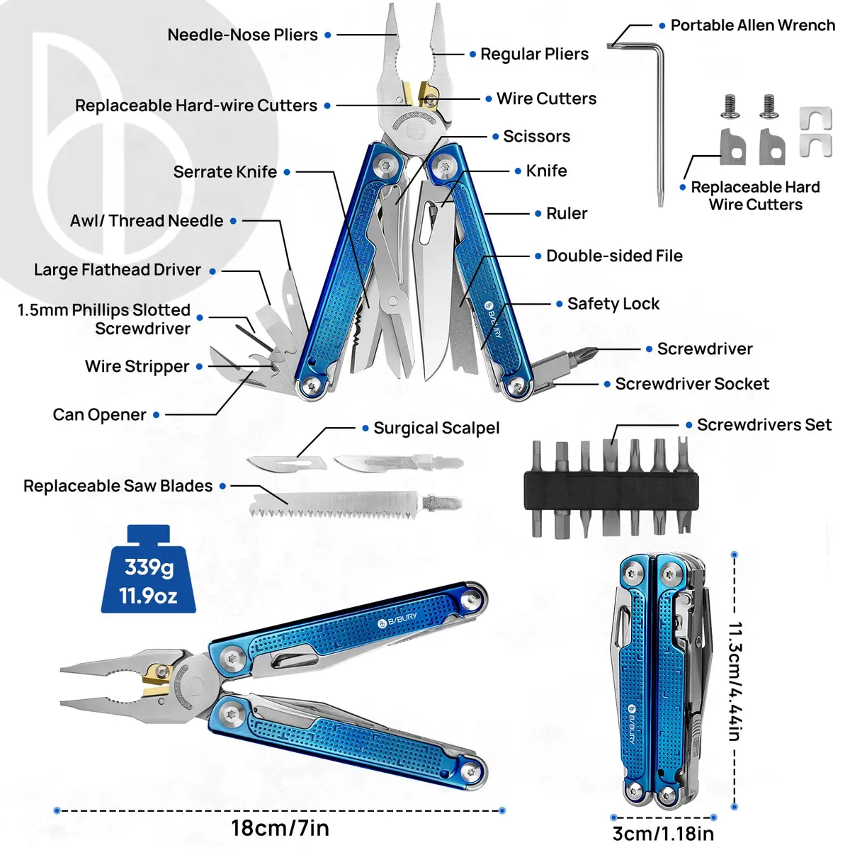 BIBURY Multitool Pliers with Blue Titanium Handle & 440A Knife | Durable & Versatile for Outdoor & DIY - view 9