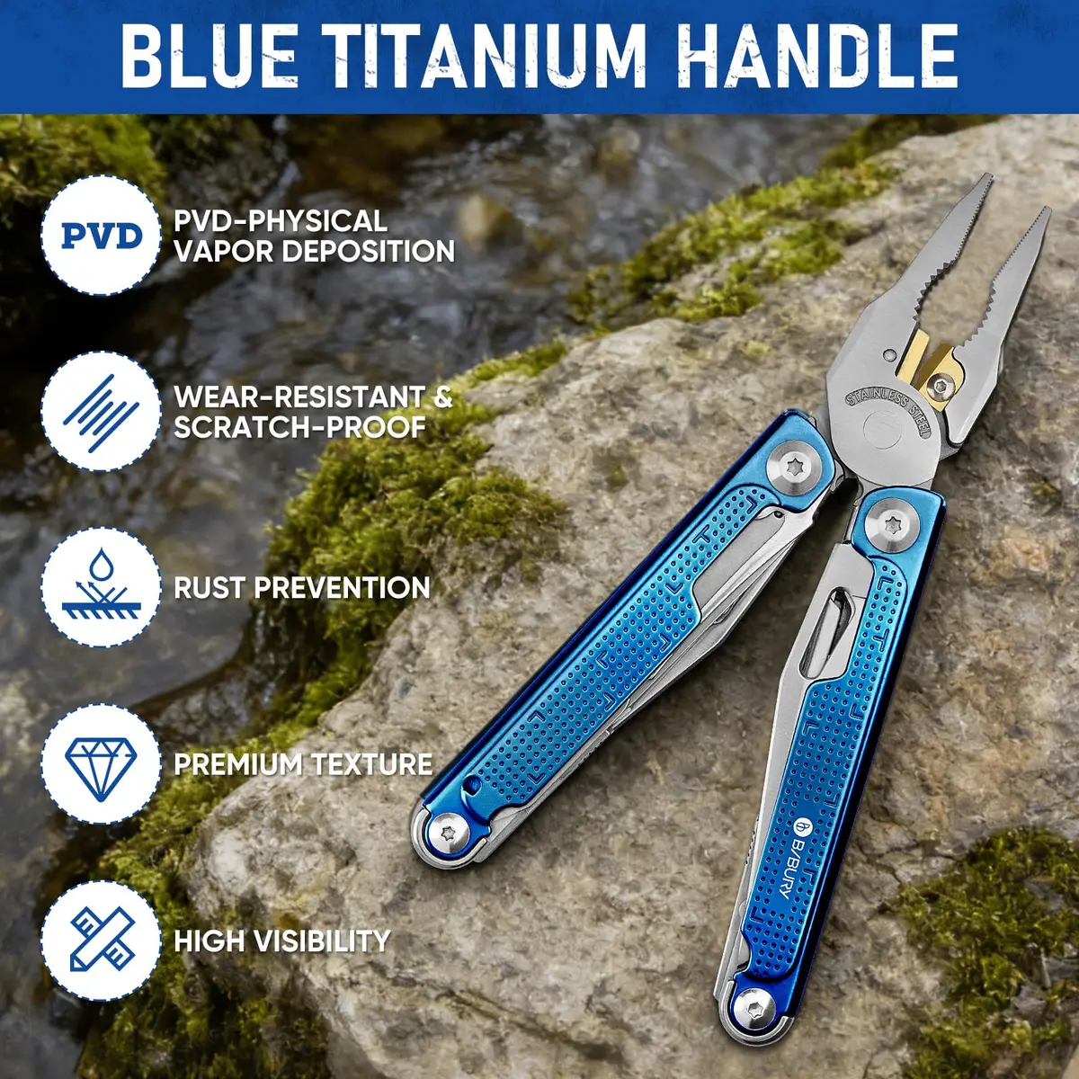BIBURY Multitool Pliers with Blue Titanium Handle & 440A Knife | Durable & Versatile for Outdoor & DIY - view 2