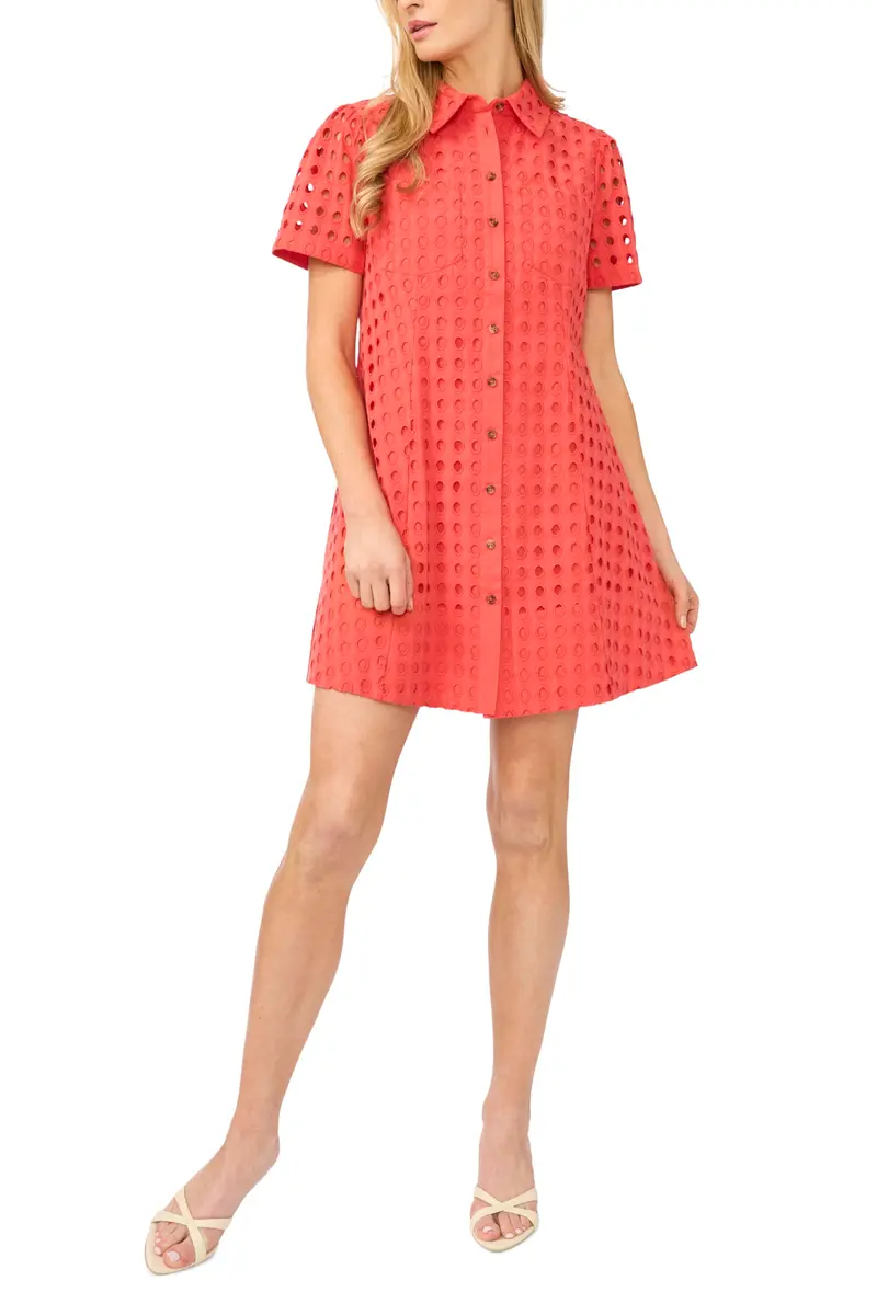 CeCe Collared Eyelet Button Down Dress, Cayenne, Size 10 | Breathable Summer Style - main product image
