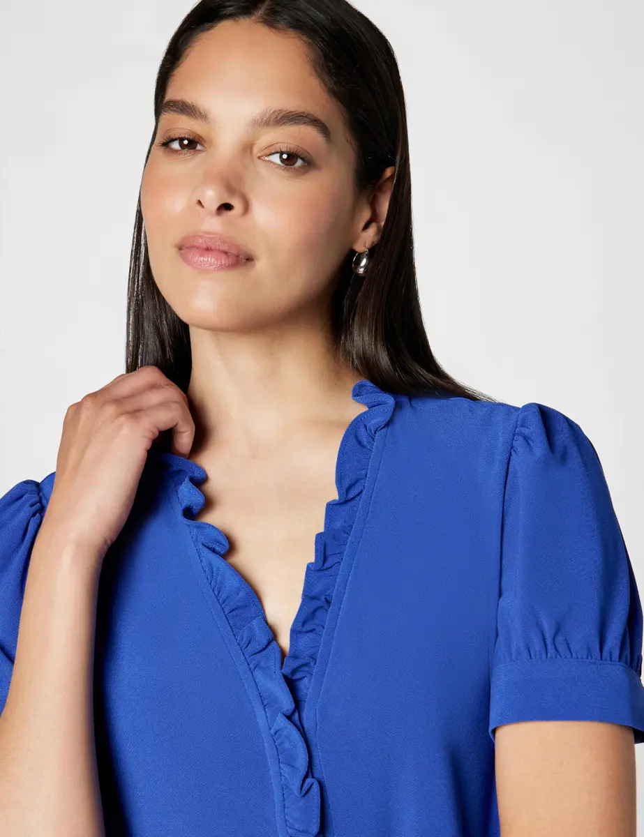 CeCe Short Sleeve Button Ruffle Trim Top | DP Royal Blue, Large, Regular Fit - view 3