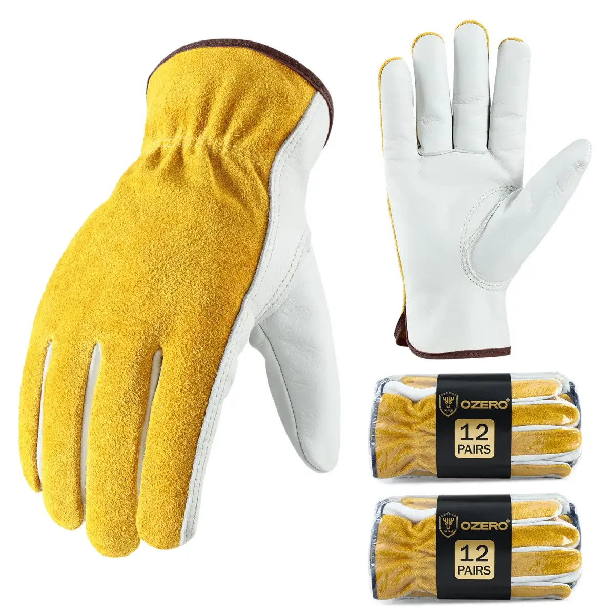 OZERO Genuine Leather Work Gloves XL | EN388 Certified, 24 Pairs, Gold/Light Cyan - main product image
