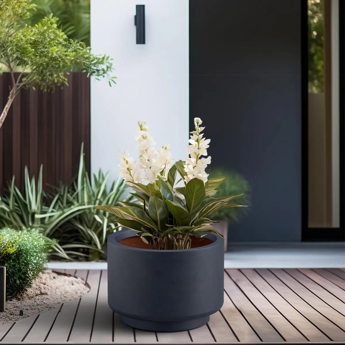 Kante Large Round Pedestal Charcoal Concrete Planter 15.7" Dia, Outdoor | Modern Weather-Resistant Garden Decor - view 3