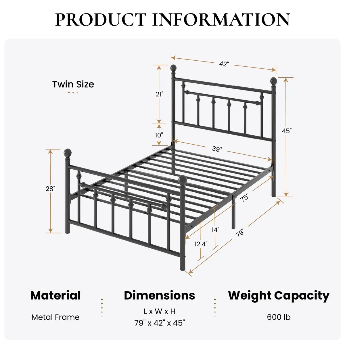 SHA CERLIN Twin Size Metal Bed Frame 14" | Noise-Free Steel Mattress Foundation in Black - view 2