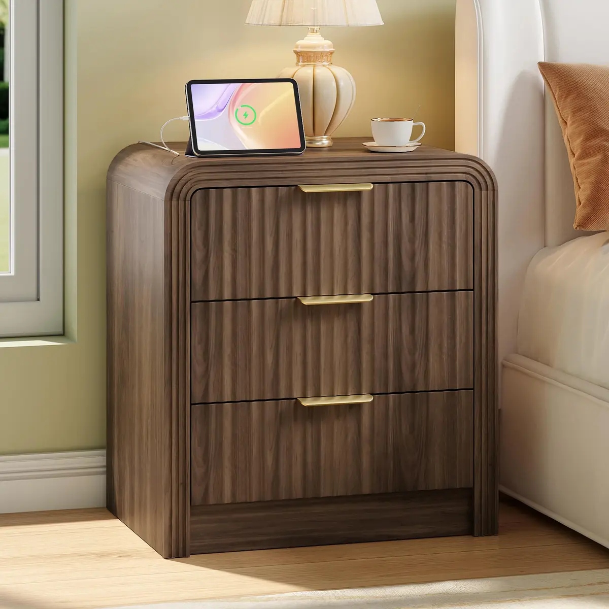 Decofy Fluted 3-Drawer Nightstand with Charging Station, Walnut | Modern Bedroom End Table with USB & Type-C Ports - main product image
