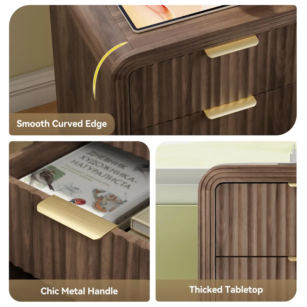 Decofy Fluted 3-Drawer Nightstand with Charging Station, Walnut | Modern Bedroom End Table with USB & Type-C Ports - view 5