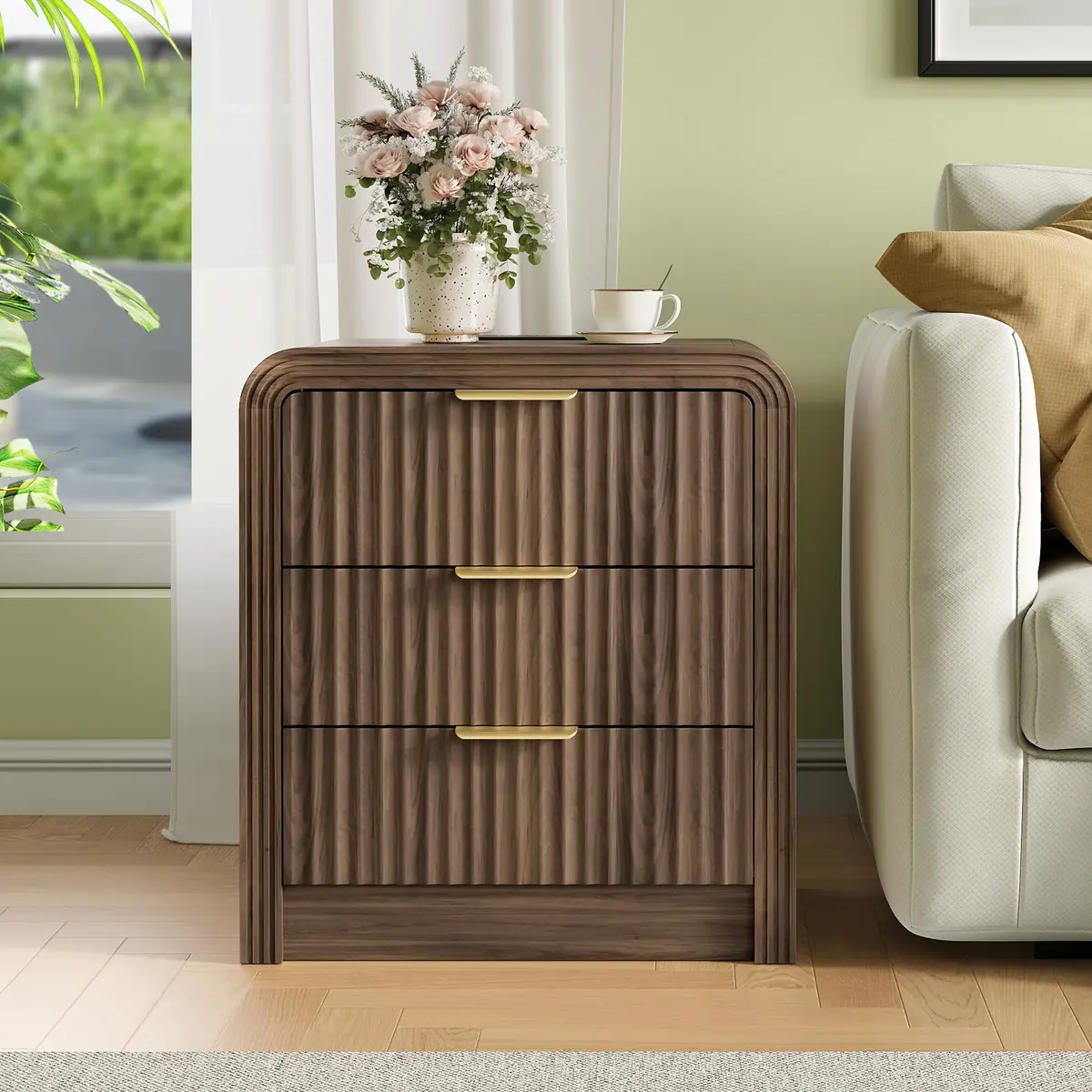Decofy Fluted 3-Drawer Nightstand with Charging Station, Walnut | Modern Bedroom End Table with USB & Type-C Ports - view 6