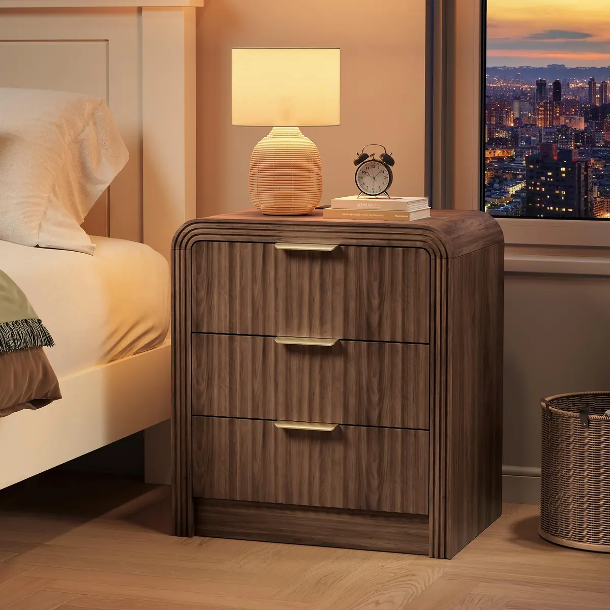 Decofy Fluted 3-Drawer Nightstand with Charging Station, Walnut | Modern Bedroom End Table with USB & Type-C Ports - view 7