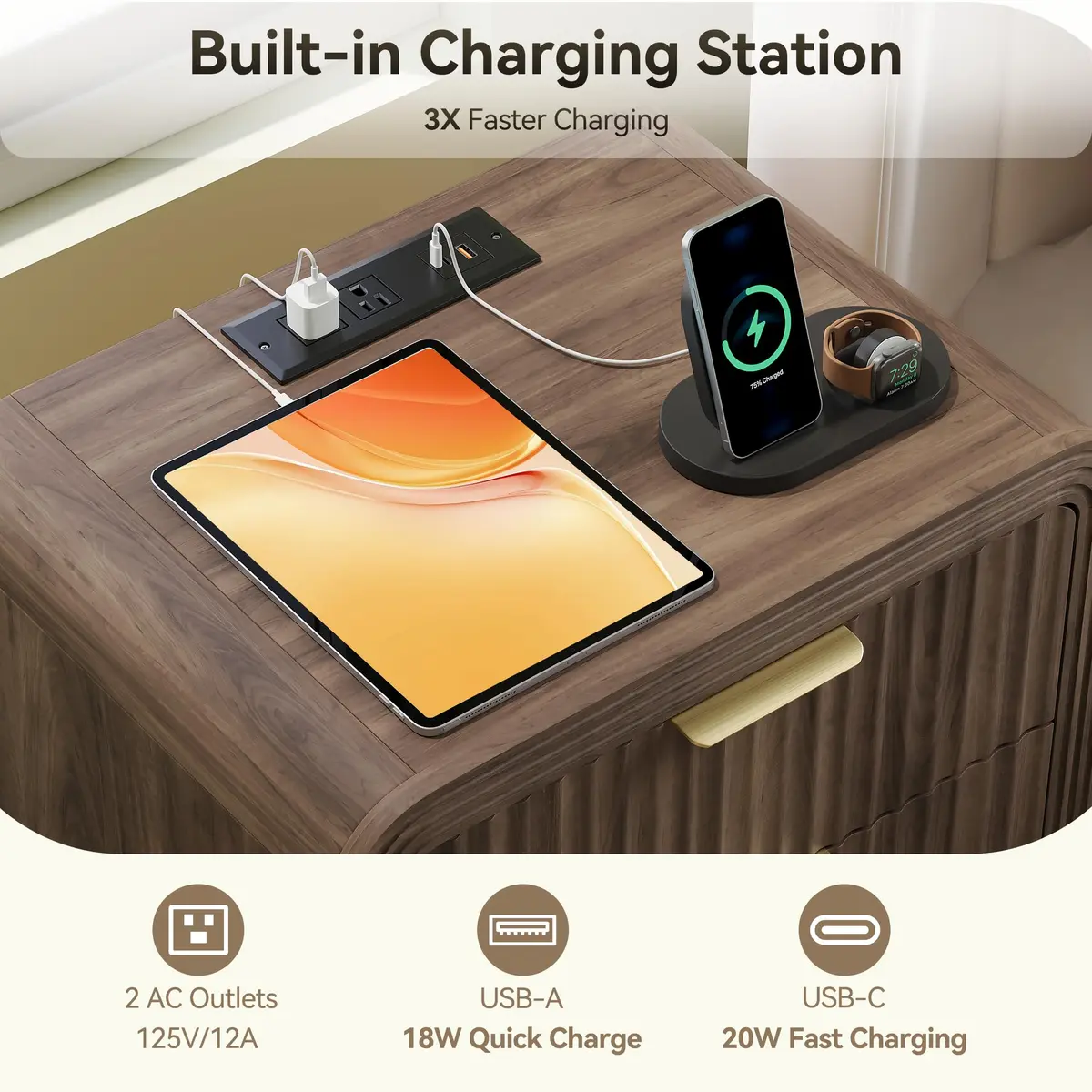 Decofy Fluted 3-Drawer Nightstand with Charging Station, Walnut | Modern Bedroom End Table with USB & Type-C Ports - view 2