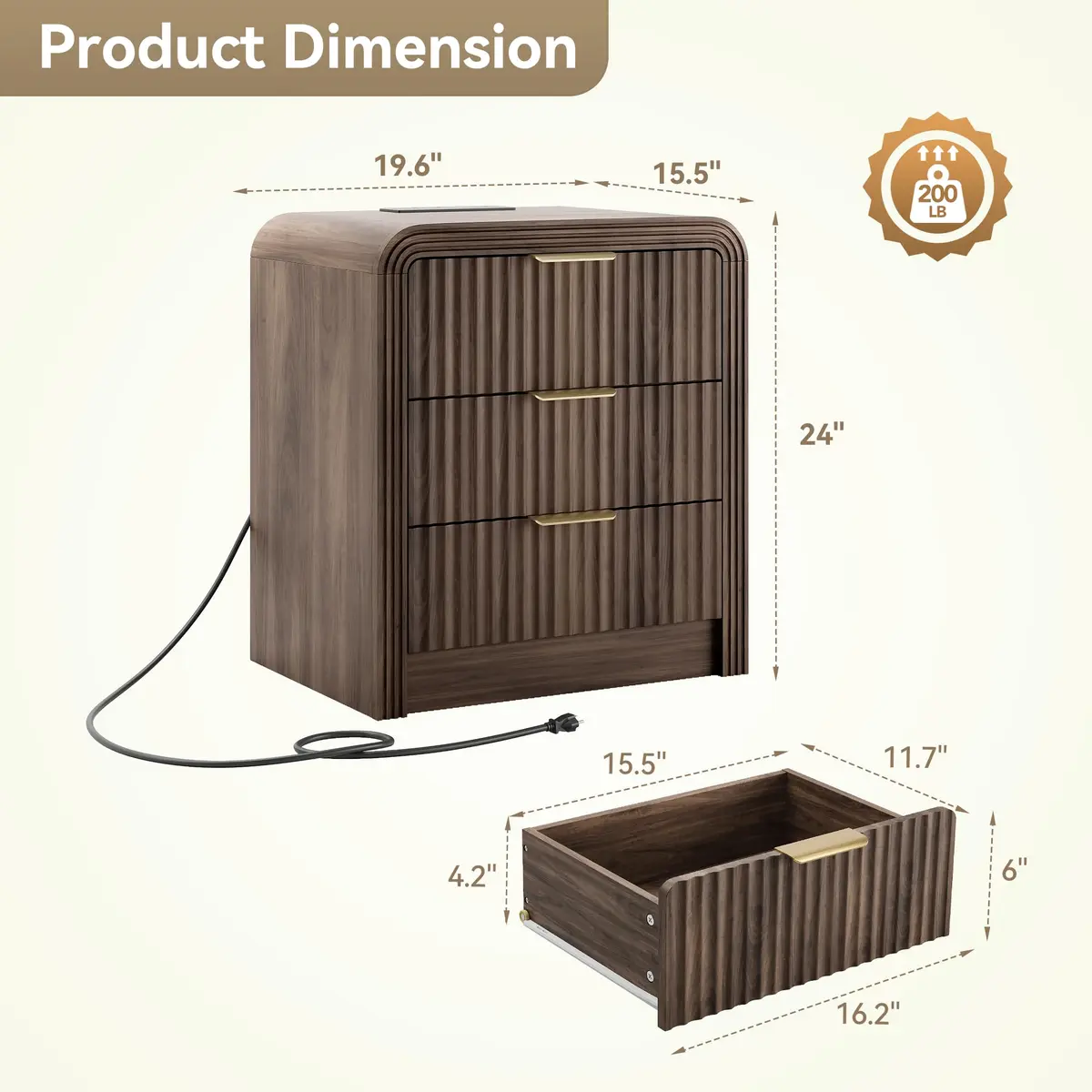 Decofy Fluted 3-Drawer Nightstand with Charging Station, Walnut | Modern Bedroom End Table with USB & Type-C Ports - view 3