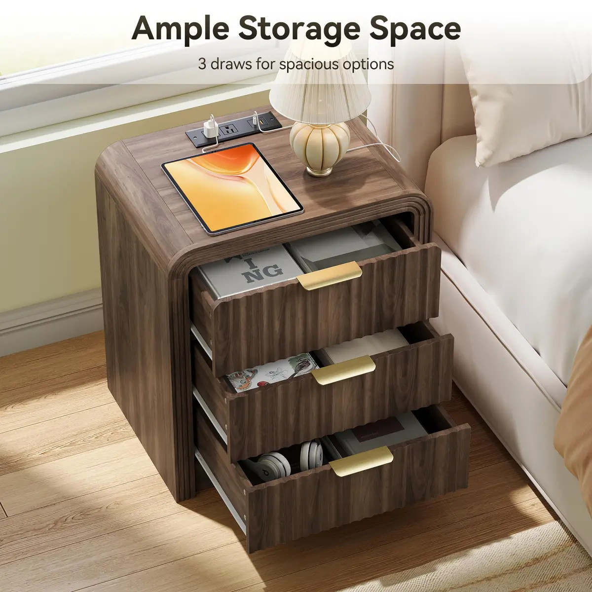 Decofy Fluted 3-Drawer Nightstand with Charging Station, Walnut | Modern Bedroom End Table with USB & Type-C Ports - view 4