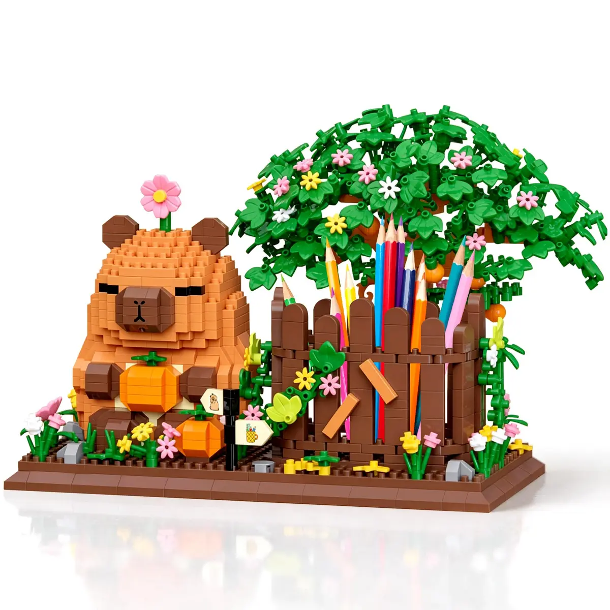HIGH GODO Capybara Pen Holder Building Set with Flowers | 1400PCS Non-Toxic Toy for Capybara Lovers - main product image