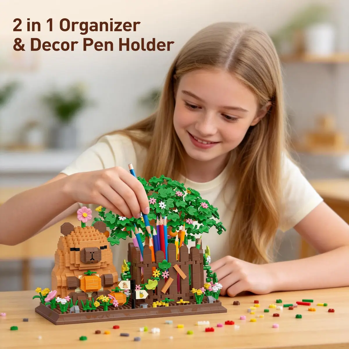 HIGH GODO Capybara Pen Holder Building Set with Flowers | 1400PCS Non-Toxic Toy for Capybara Lovers - view 6