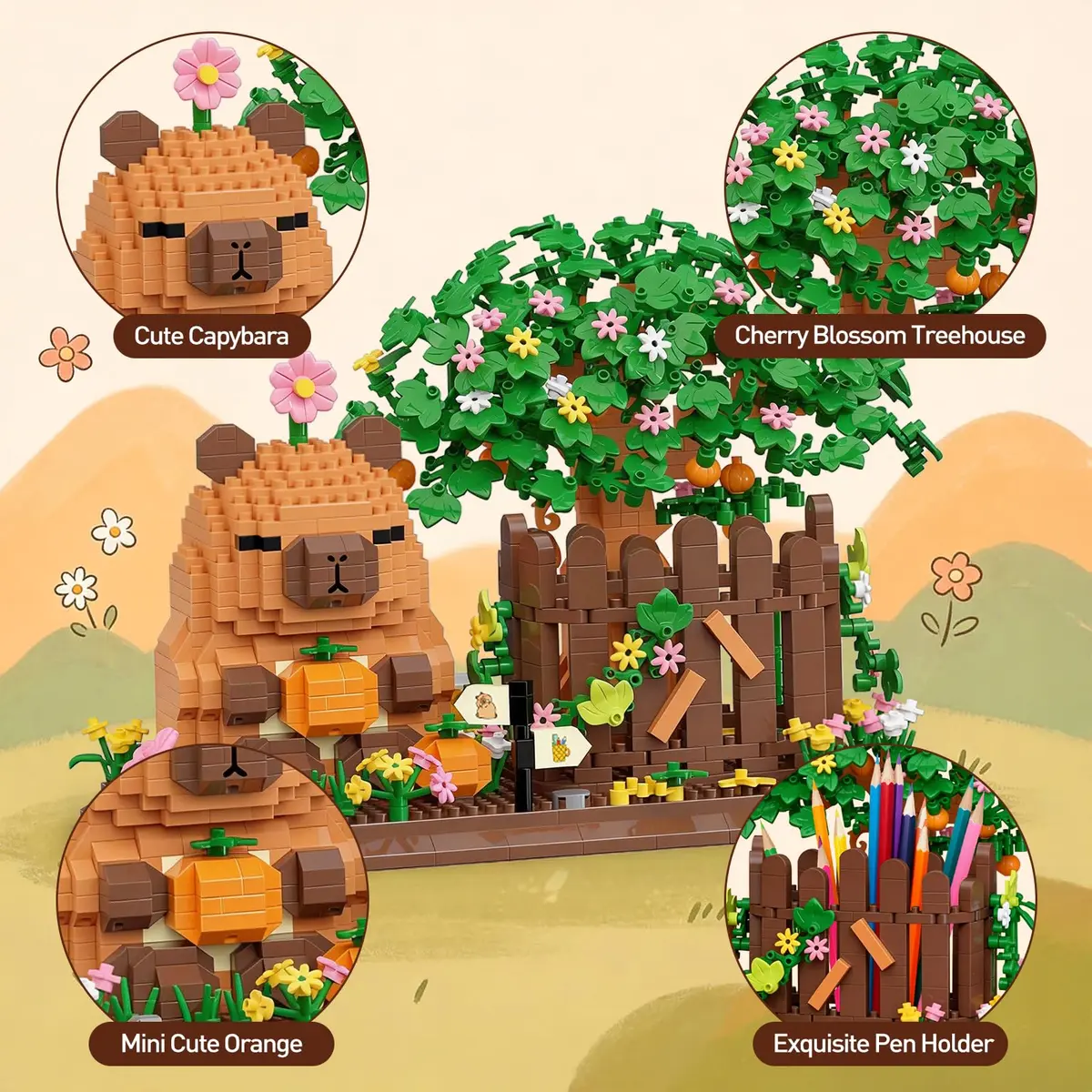 HIGH GODO Capybara Pen Holder Building Set with Flowers | 1400PCS Non-Toxic Toy for Capybara Lovers - view 3