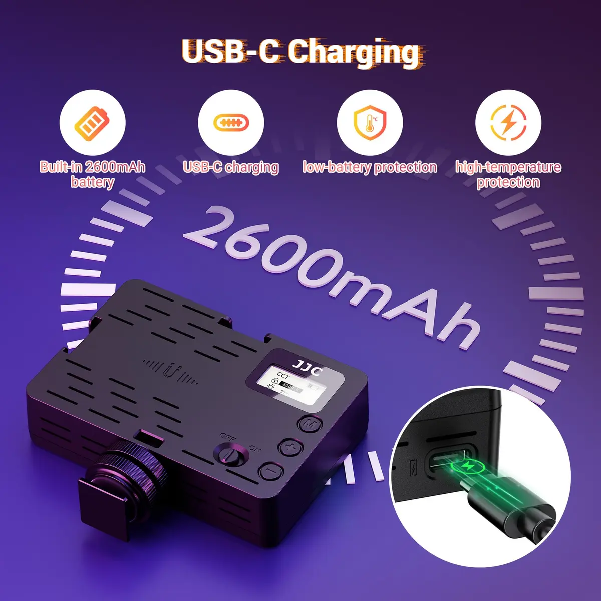 JJC Camera Continuous Light RGB LED Flash for Sony ZV-1F & More | Rechargeable 2600mAh Battery, 24 Scene Modes, Cold Shoe Mounts - view 2